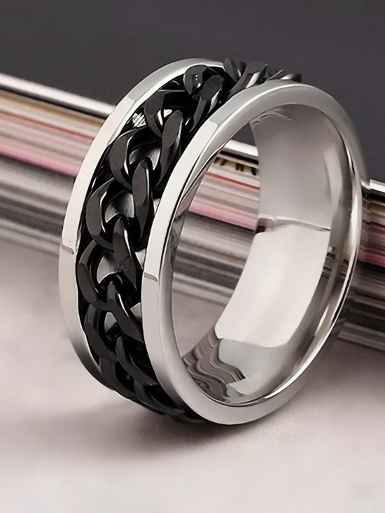 Jewelry - Stainless Steel Ring with Black Chain Inlay